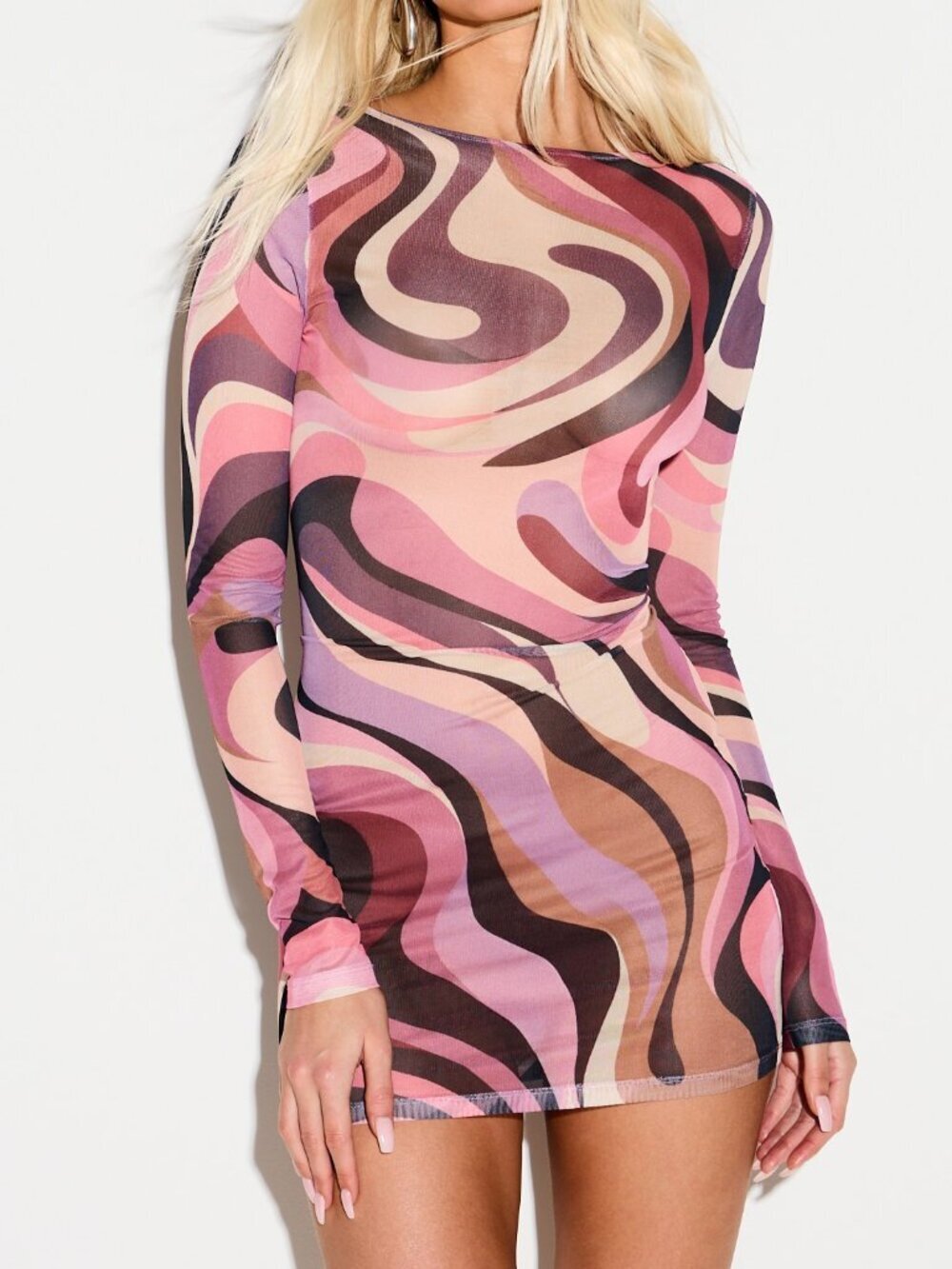 Multicolor Sexy Women's Mesh Swirl Mini Bodycon Dress with Matching Headscarf